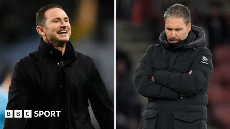 Frank Lampard smiling (left) and Marti Cifuentes with his arms folded looking at the ground (right)