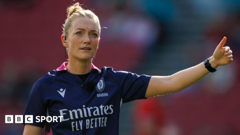 Hollie Davidson refereeing a Women's World Cup match between Canada and Australia