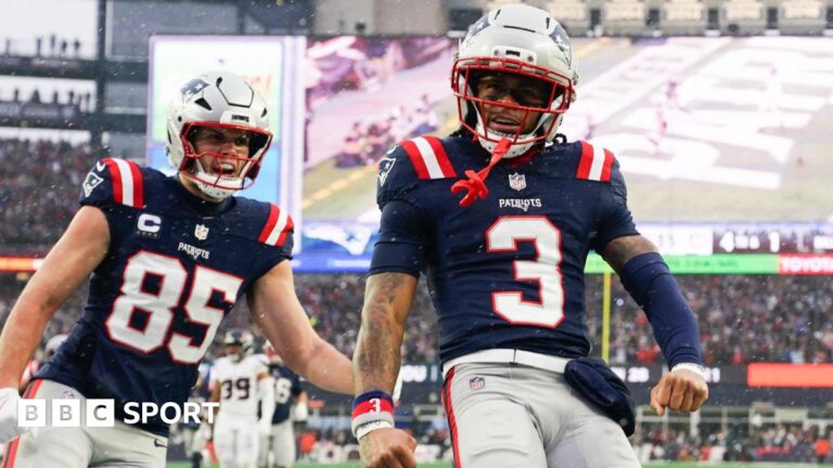 New England Patriots wide receiver DeMario Douglas celebrates scoring a touchdown against the Houston Texans