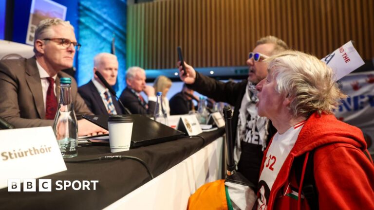 GAA Congress disrupted by anti-Allianz protest at Croke Park Protesters confront GAA president Jarlath Burns