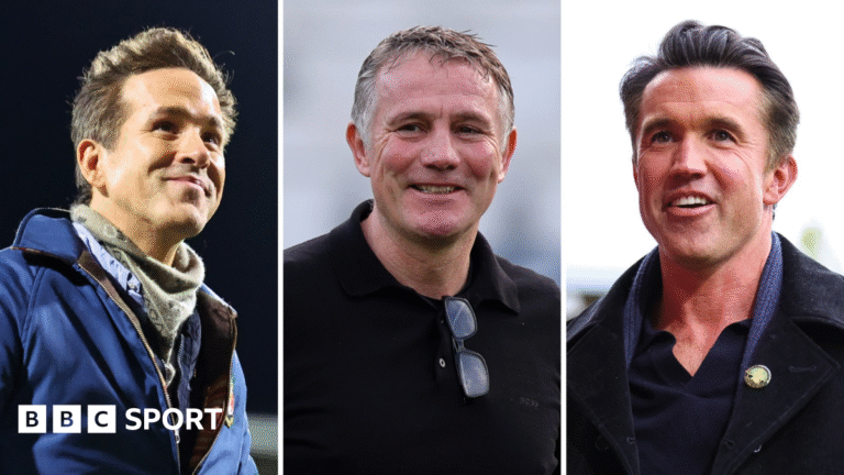 Wrexham co-owner Ryan Reynolds (left), manager Phil Parkinson (centre) and co-owner Rob Mac (right)