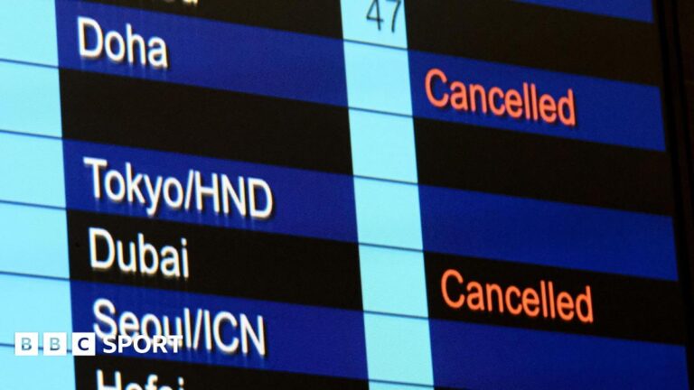 Middle East conflict: How is sport dealing with travel disruption? Cancelled flights to Dubai and Doha shown on flight information display at Hong Kong International Airport