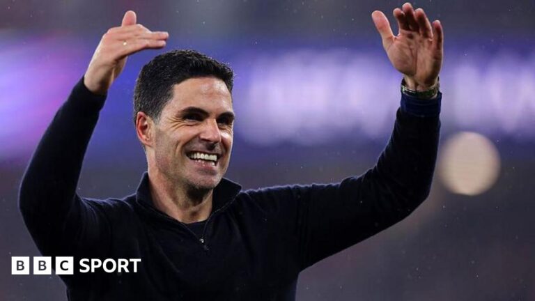 Arsenal boss Mikel Arteta celebrates after his side's win over Atletico Madrid in the Champions League