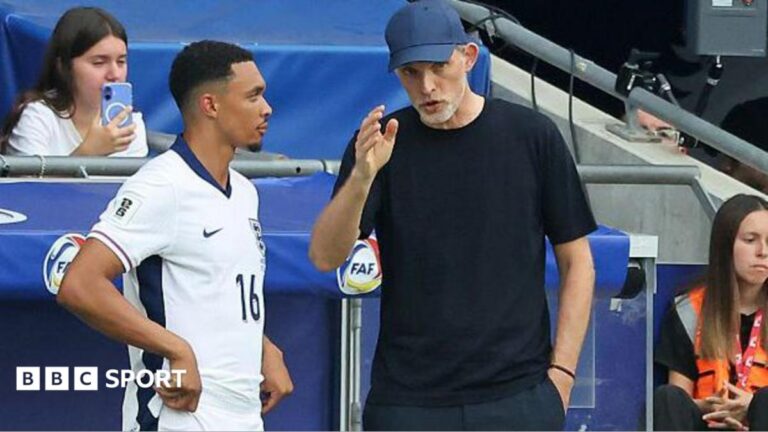 England head coach Thomas Tuchel speaks to Trent Alexander-Arnold on the touchline