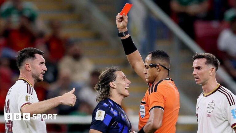 World Cup 2026: American Ismail Elfath to referee England v Argentina Ismail Elfath shows a red card to Agustin Canobbio