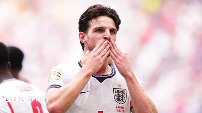 Declan Rice celebrates scoring for England against France in their World Cup third-place play-off