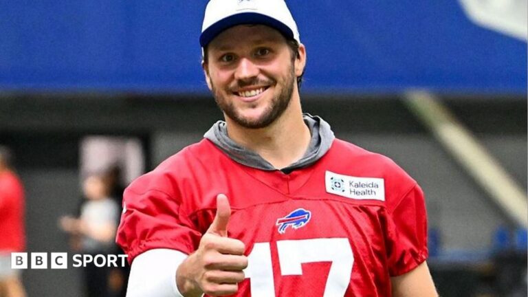 Quarterback Josh Allen gives a thumbs up gesture during the Buffalo Bills mandatory minicamp in June 2026