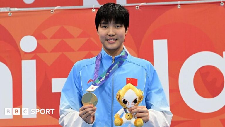 Yu Zidi, 13, wins record-breaking first major gold medal at Asian Games Yu Zidi of China wins gold medal after competing in the Women's 200m butterfly final on day one of the 20th Asian Games